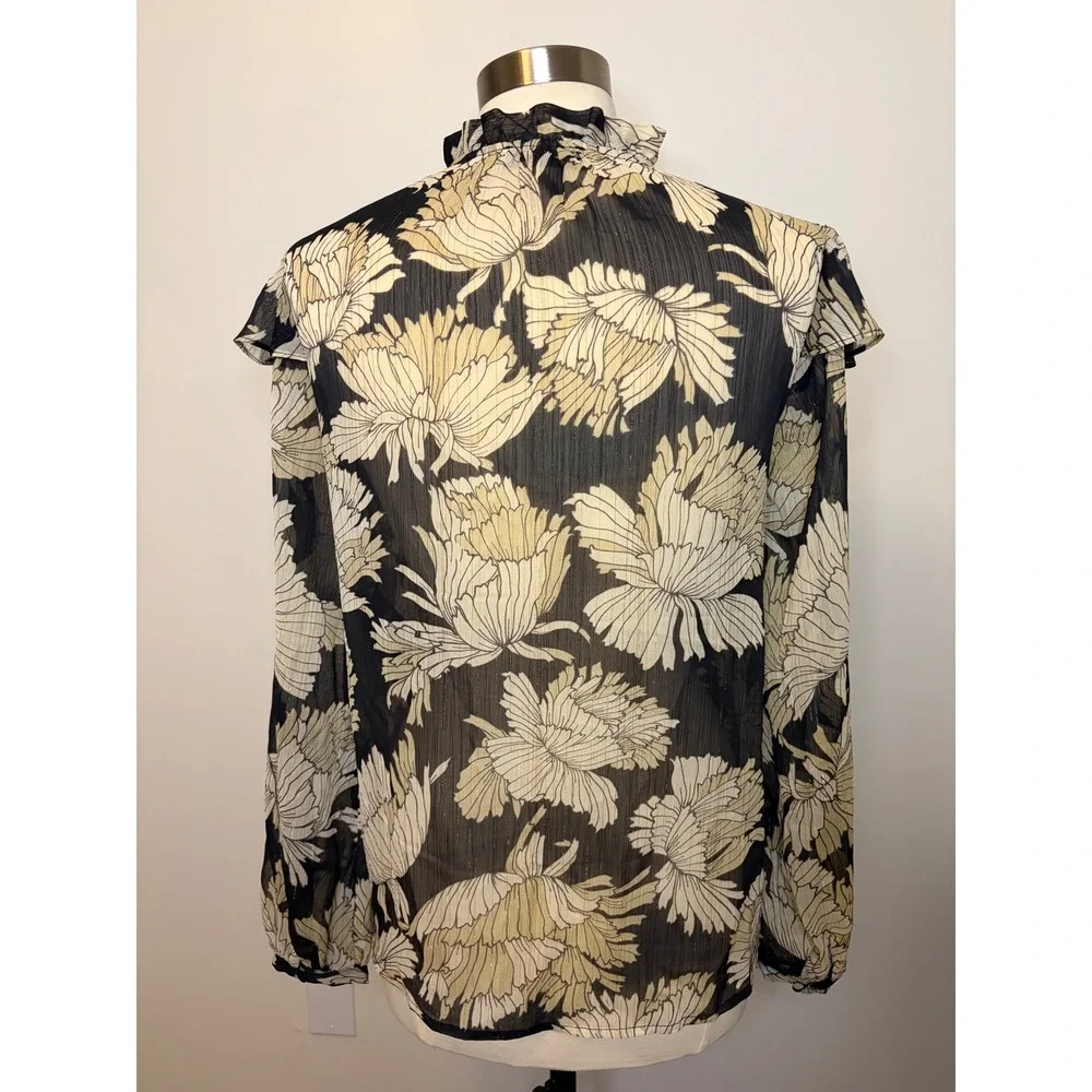 Mint Velvet Boho Floral Print Blouse Ruffle Metallic Lurex Chiffon Top M Chic